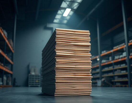 Stack of refined copper cathodes in an industrial warehouse, representing the base metal market and trade policy uncertainty.