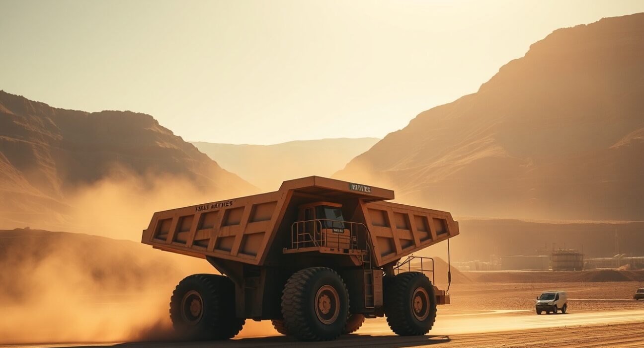Large mining truck hauling copper ore in an open-pit mine in Chile's Atacama Desert.