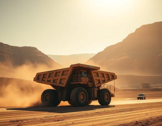 Large mining truck hauling copper ore in an open-pit mine in Chile's Atacama Desert.