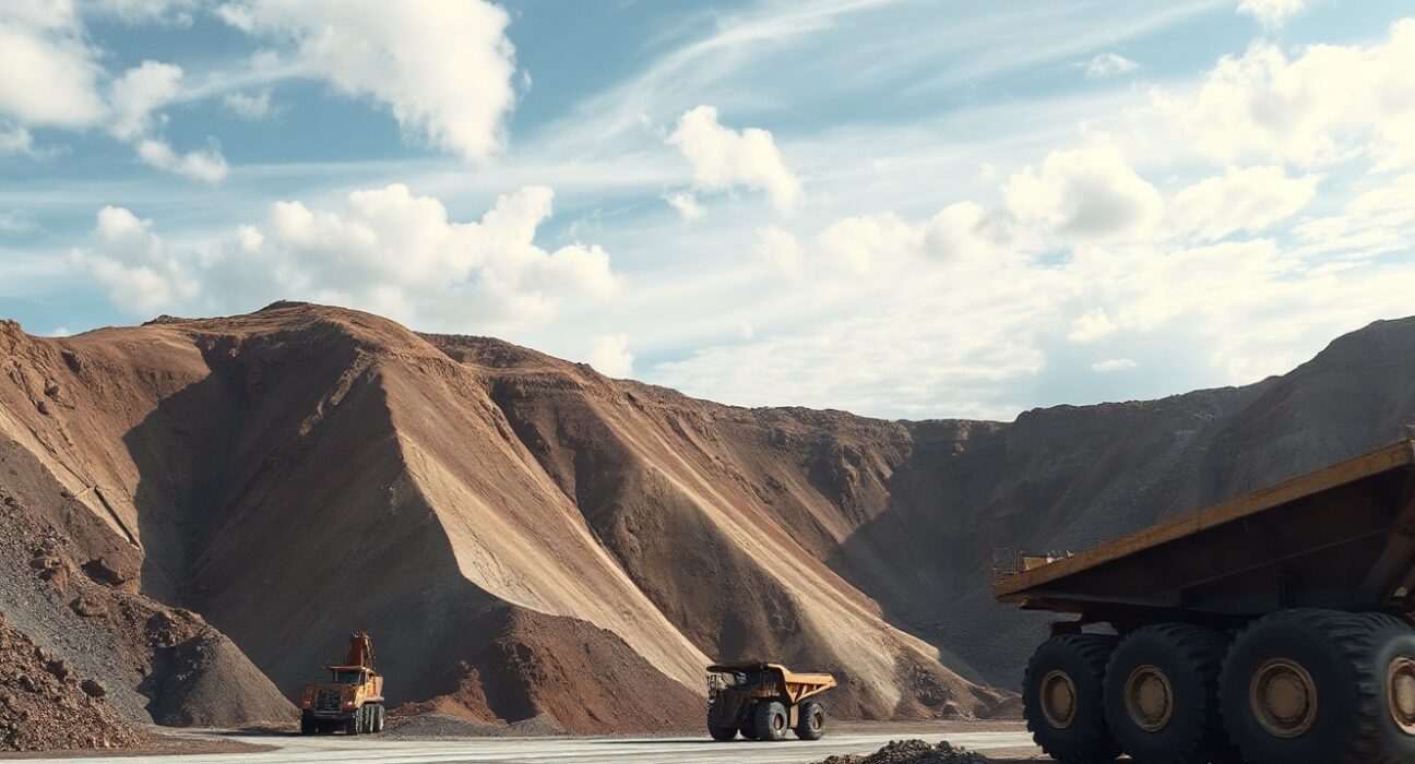 Open-pit copper mine with heavy machinery and stockpiles under cloudy sky
