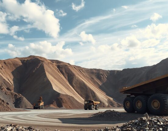 Open-pit copper mine with heavy machinery and stockpiles under cloudy sky