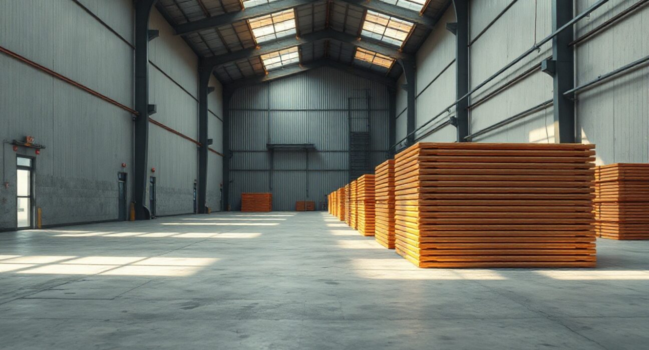 Stacked copper cathodes in a warehouse under industrial lighting