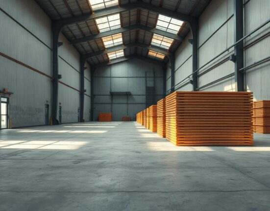 Stacked copper cathodes in a warehouse under industrial lighting