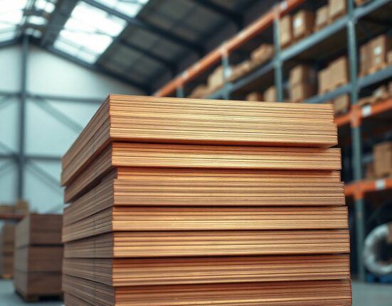 Stacked copper cathode plates in a warehouse, representing copper market supply and demand dynamics.