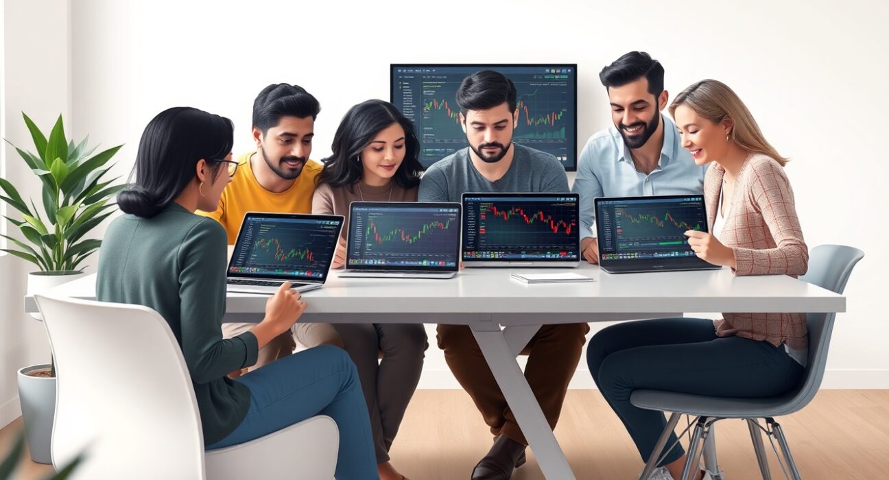 Group of retail investors using laptops and tablets to engage in copy trading with financial charts on screen