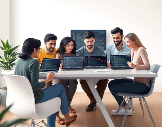 Group of retail investors using laptops and tablets to engage in copy trading with financial charts on screen