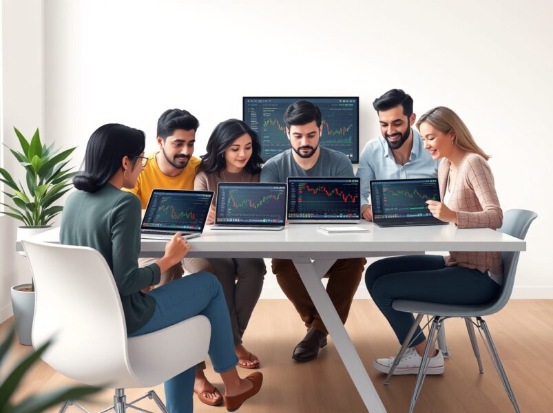 Group of retail investors using laptops and tablets to engage in copy trading with financial charts on screen