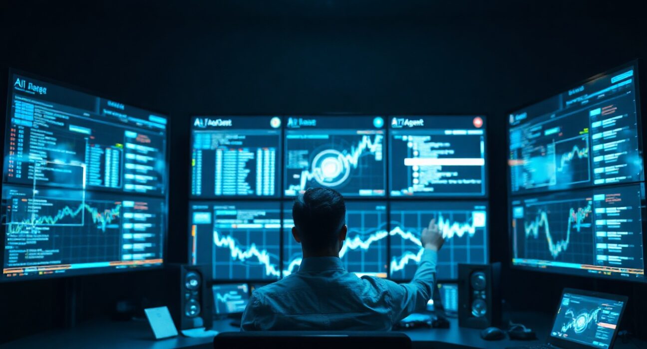 Engineer monitoring AI agent performance data on screens in a data center control room