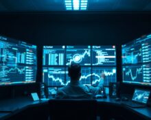 Engineer monitoring AI agent performance data on screens in a data center control room