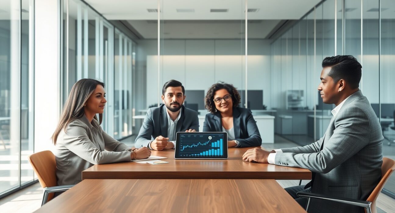 Team of professionals in a modern office discussing financial documents and digital asset charts on a tablet.
