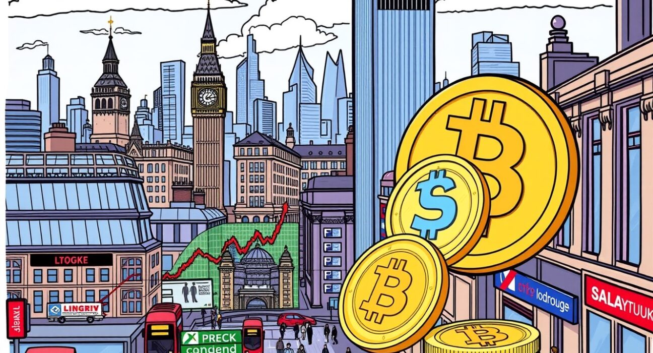 A cartoon illustration showing the integration of the Core DAO Bitcoin staking ETP into the London Stock Exchange, symbolizing a new era for crypto investments.