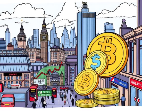 A cartoon illustration showing the integration of the Core DAO Bitcoin staking ETP into the London Stock Exchange, symbolizing a new era for crypto investments.