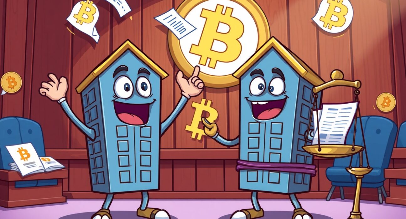 Core Foundation lawsuit victory depicted as blockchain buildings in courtroom with Bitcoin symbols