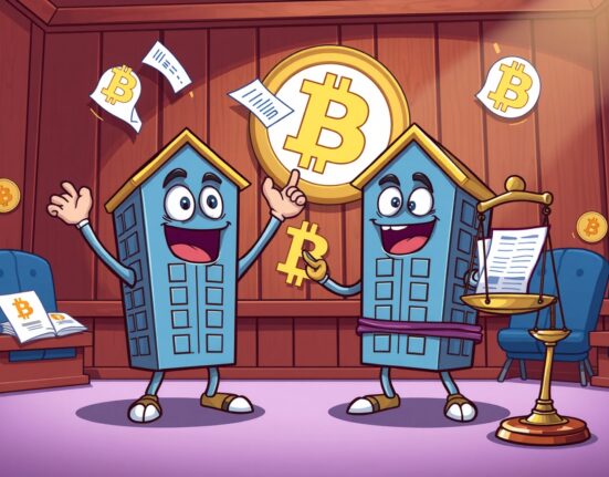 Core Foundation lawsuit victory depicted as blockchain buildings in courtroom with Bitcoin symbols