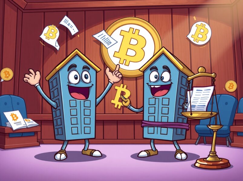 Core Foundation lawsuit victory depicted as blockchain buildings in courtroom with Bitcoin symbols