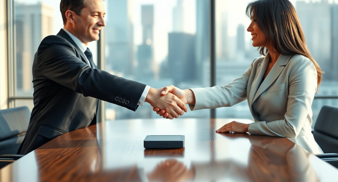 Business handshake symbolizing settlement between Core Foundation and Maple Finance over Bitcoin staking dispute