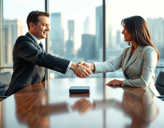 Business handshake symbolizing settlement between Core Foundation and Maple Finance over Bitcoin staking dispute