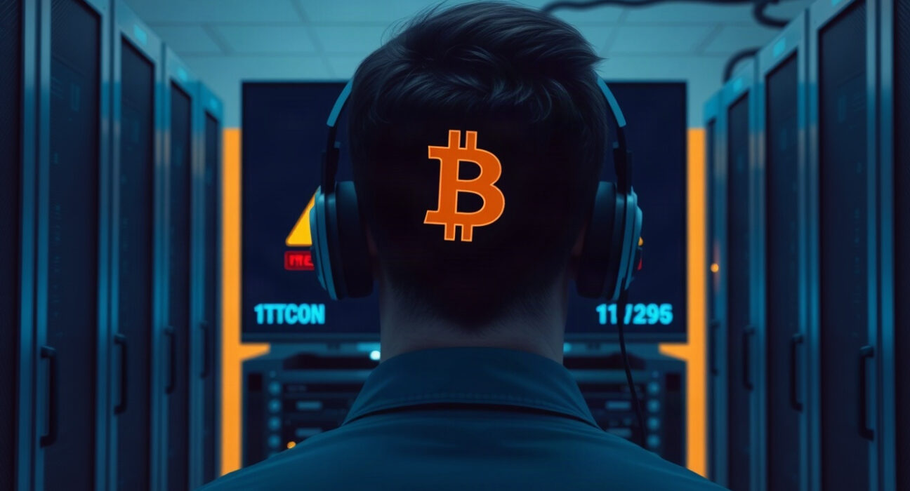 Bitcoin Lightning Network node operator monitoring security alert in a server room