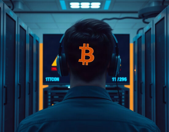 Bitcoin Lightning Network node operator monitoring security alert in a server room