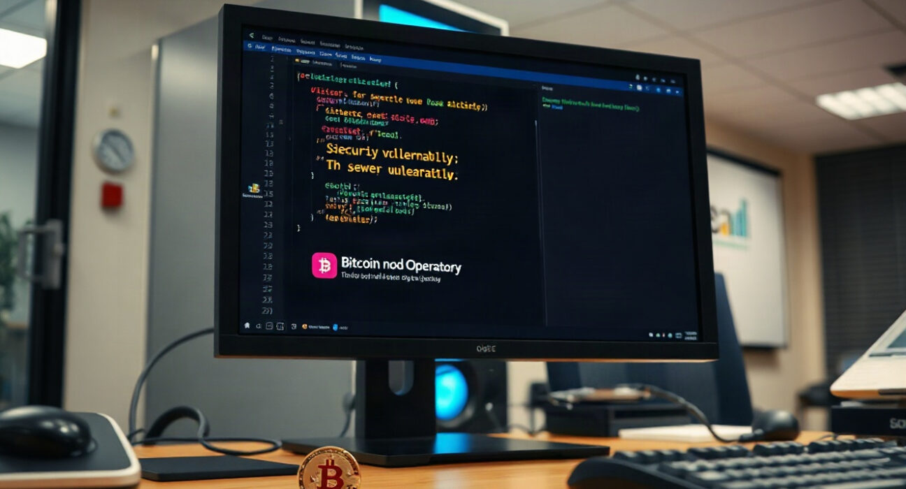 Bitcoin node operator's desk with terminal showing security warning