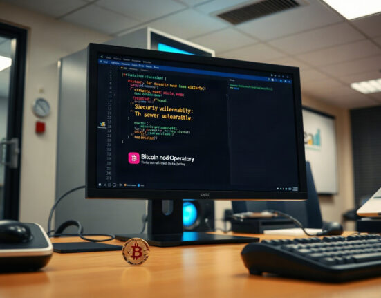 Bitcoin node operator's desk with terminal showing security warning