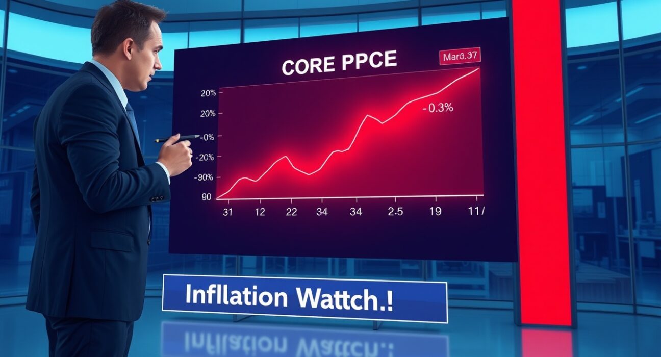 Core PCE inflation graph on display in a news studio, showing a 0.3% monthly rise in March.