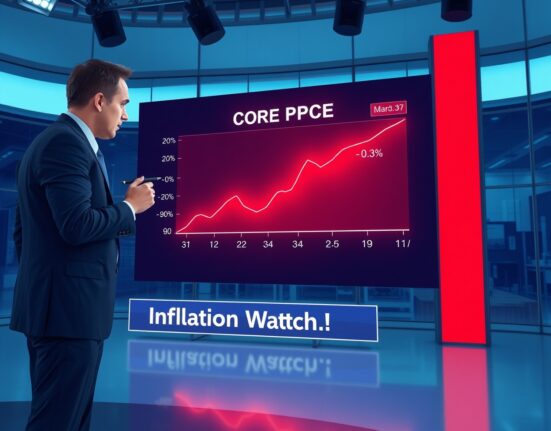 Core PCE inflation graph on display in a news studio, showing a 0.3% monthly rise in March.