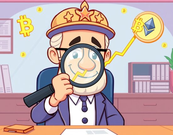 Cartoon illustration of a central banker analyzing core PCE inflation data with cryptocurrency symbols in the background.