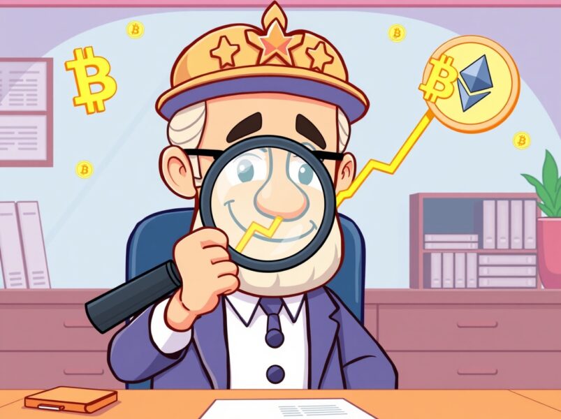 Cartoon illustration of a central banker analyzing core PCE inflation data with cryptocurrency symbols in the background.