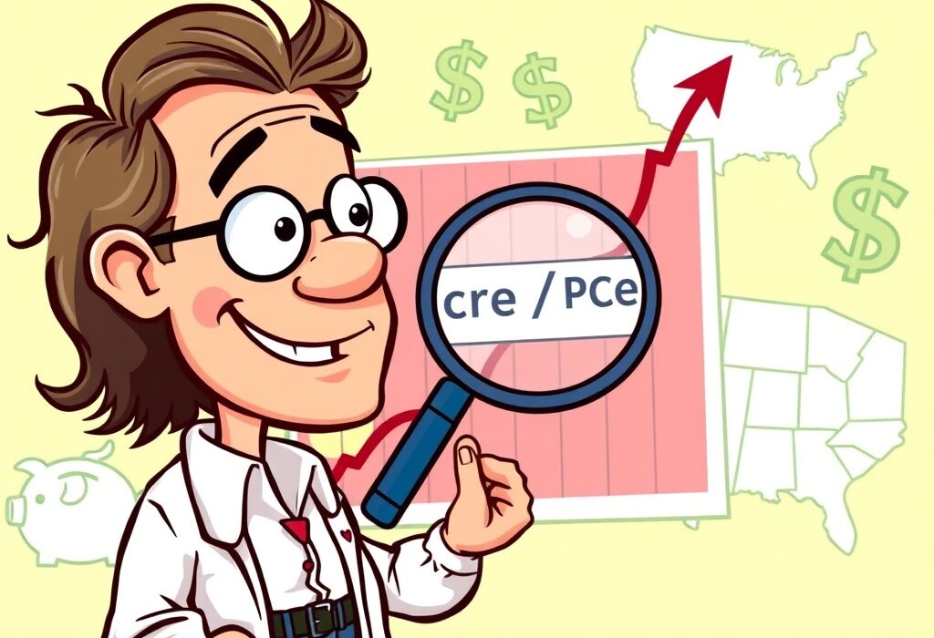 Cartoon showing an economist examining a chart of rising core PCE, symbolizing steady U.S. inflation trends and economic data.