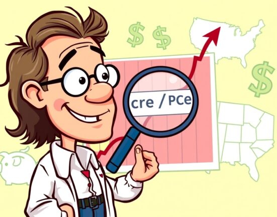 Cartoon showing an economist examining a chart of rising core PCE, symbolizing steady U.S. inflation trends and economic data.