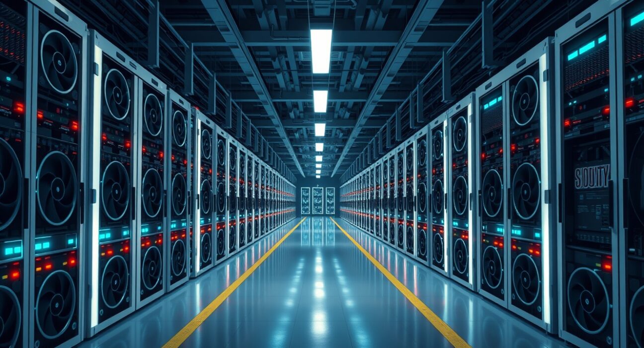 Core Scientific cryptocurrency mining data center with rows of operational ASIC mining rigs.