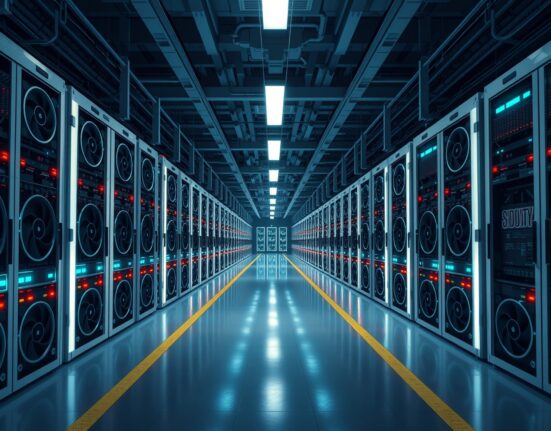 Core Scientific cryptocurrency mining data center with rows of operational ASIC mining rigs.