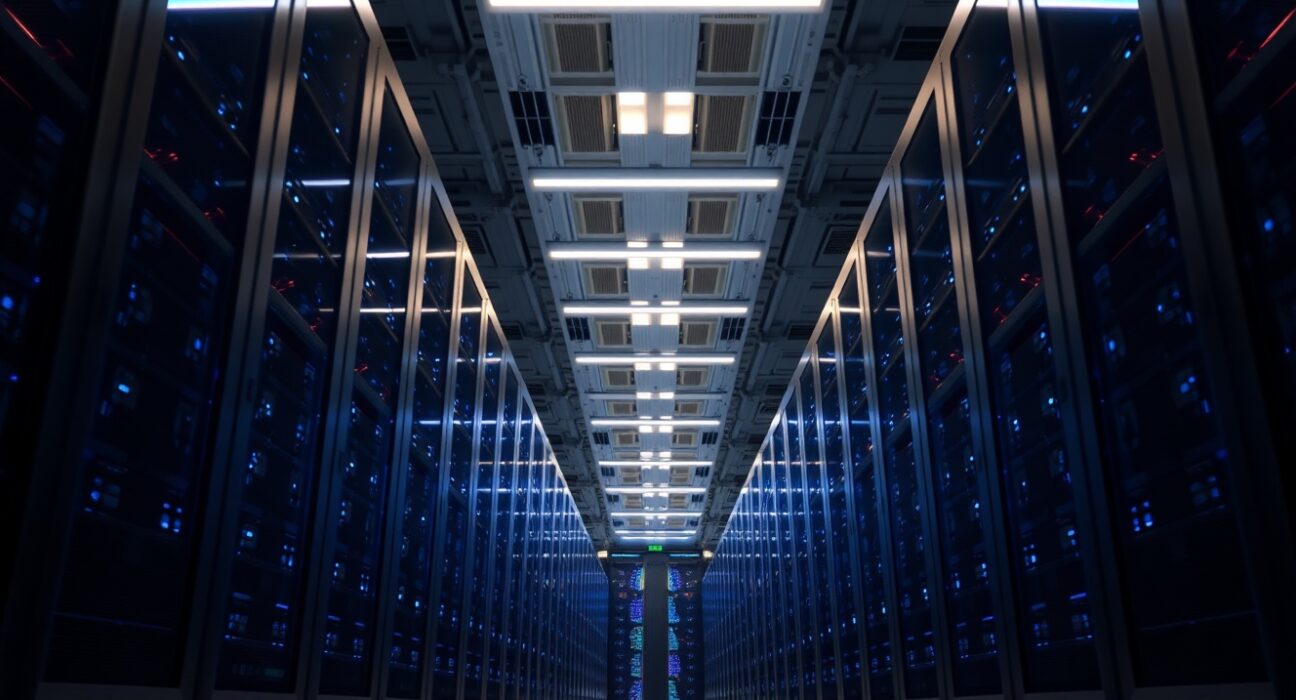 Interior of a modern AI data center with rows of server racks and blue lighting