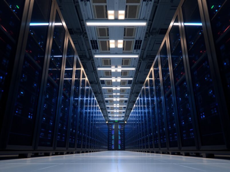 Interior of a modern AI data center with rows of server racks and blue lighting