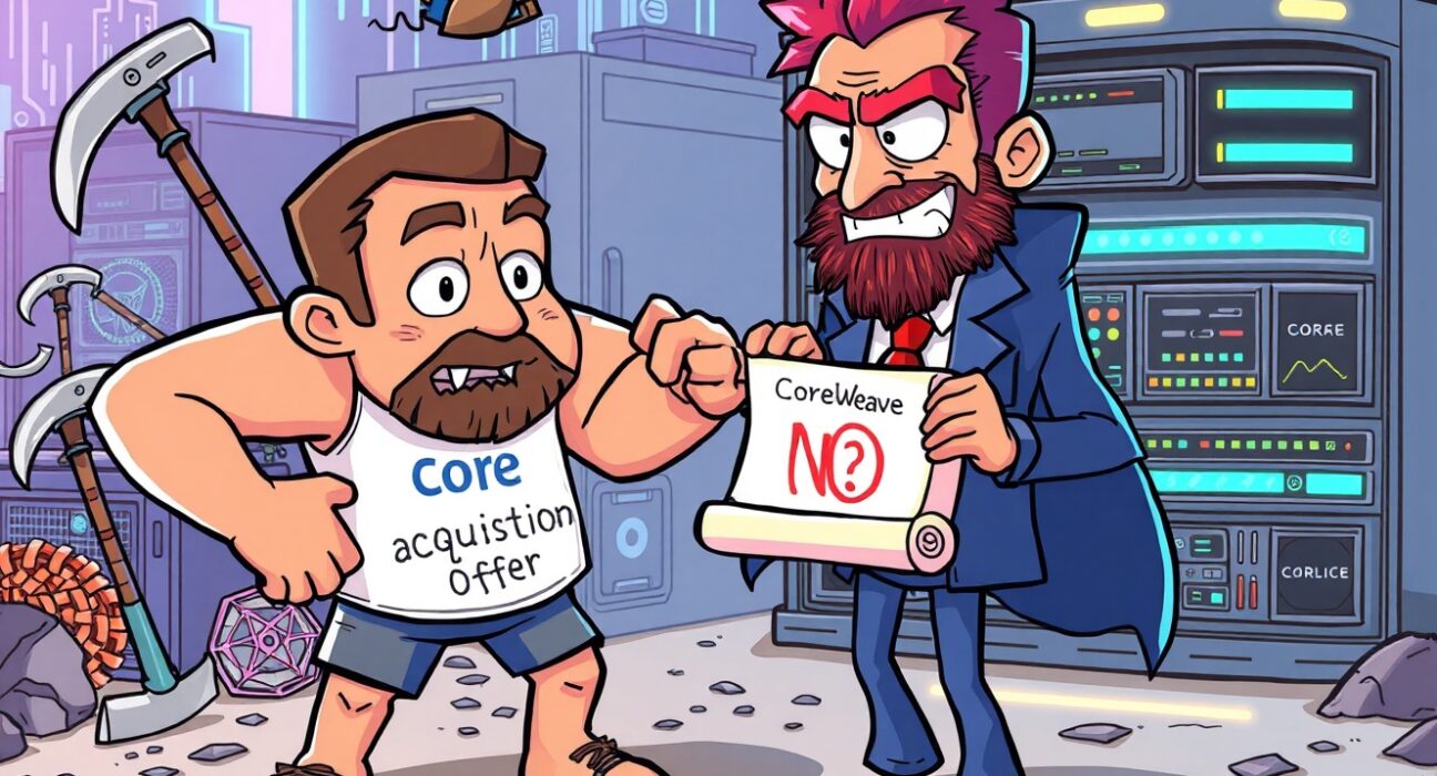 Core Scientific acquisition rejection: A cartoon character representing Core Scientific declines an offer from CoreWeave.