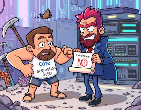 Core Scientific acquisition rejection: A cartoon character representing Core Scientific declines an offer from CoreWeave.