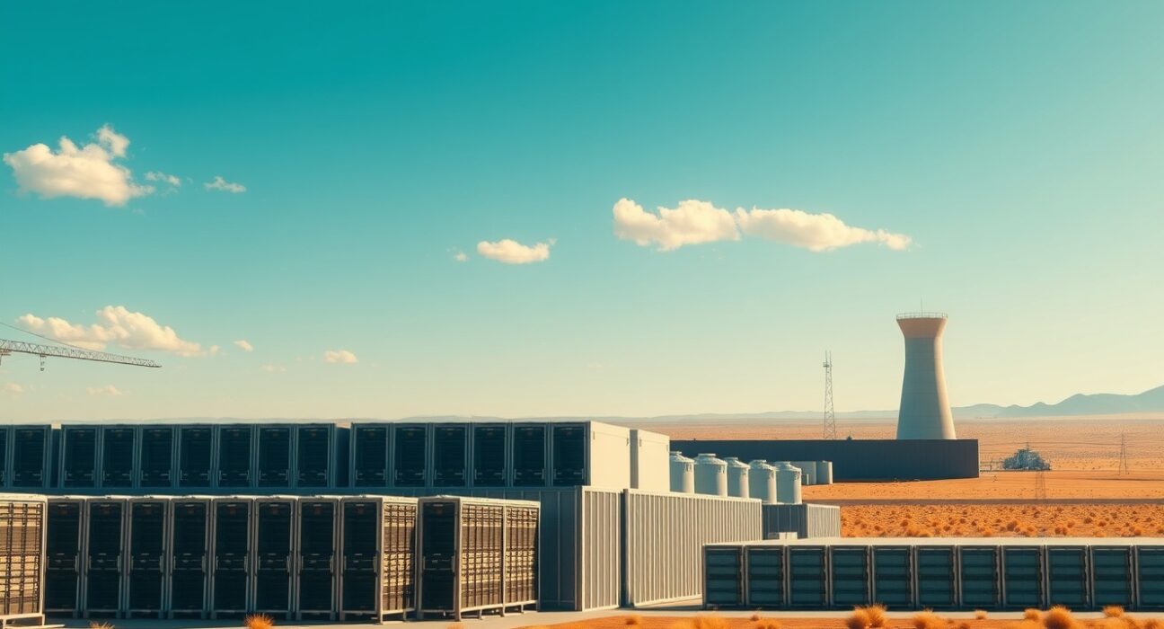 Core Scientific AI data center campus in Texas with server racks and cooling towers under sunlight