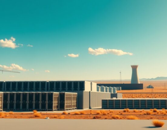 Core Scientific AI data center campus in Texas with server racks and cooling towers under sunlight