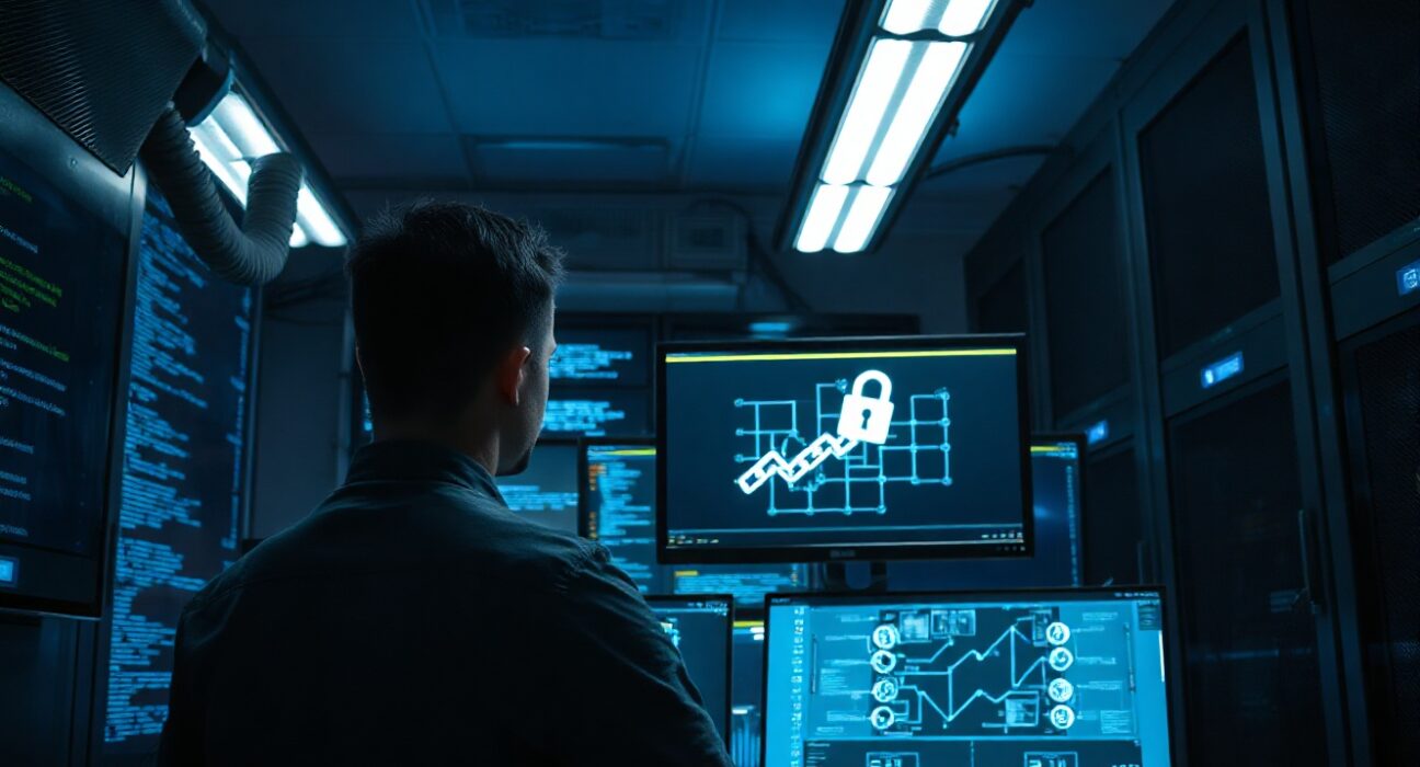 IT security analyst monitoring blockchain network security in a server room