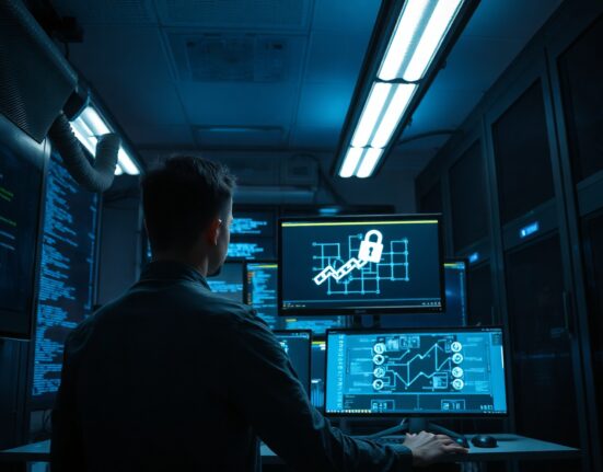 IT security analyst monitoring blockchain network security in a server room