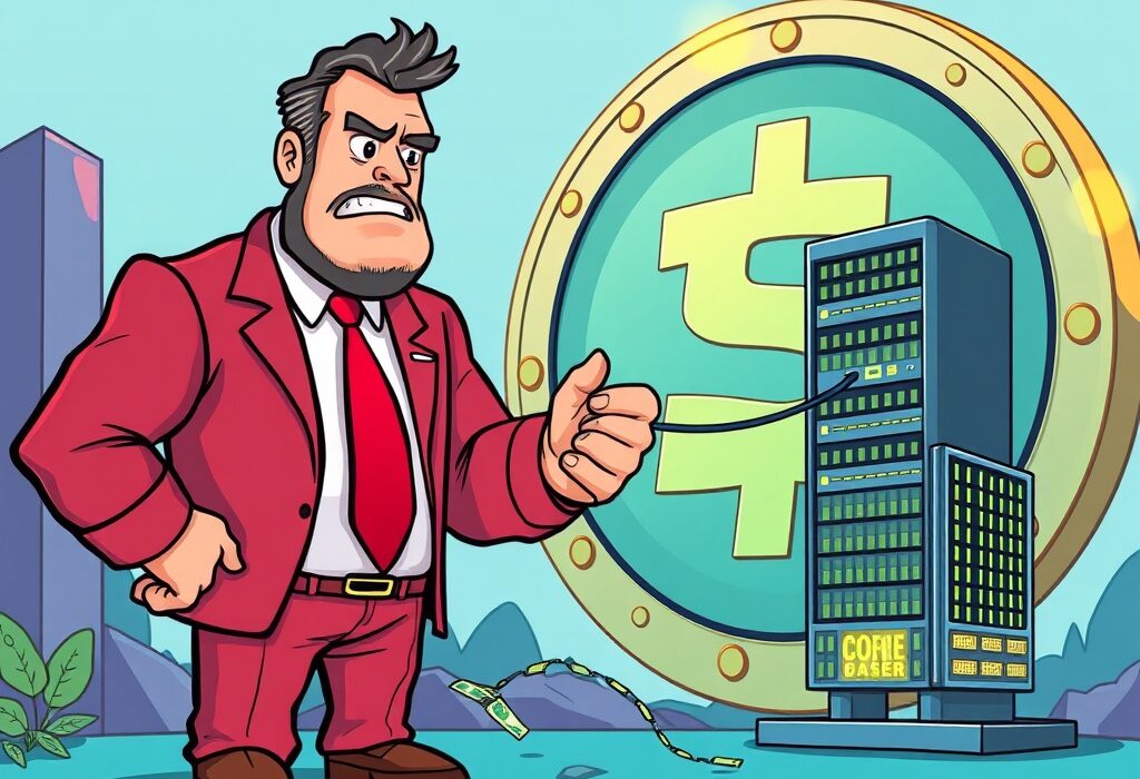 A cartoon illustrating a shareholder firmly opposing a Core Scientific buyout, symbolizing the rejection of the CoreWeave acquisition.