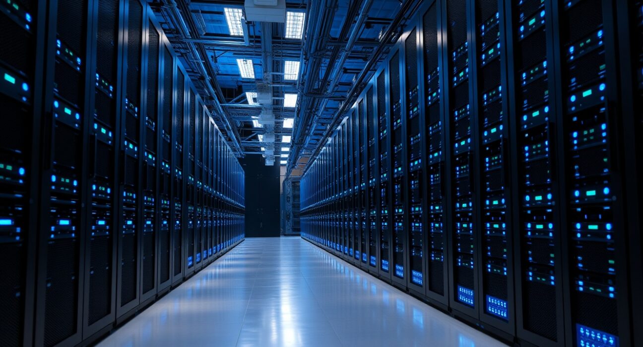 Interior of a modern data center with rows of servers and cool blue lighting.