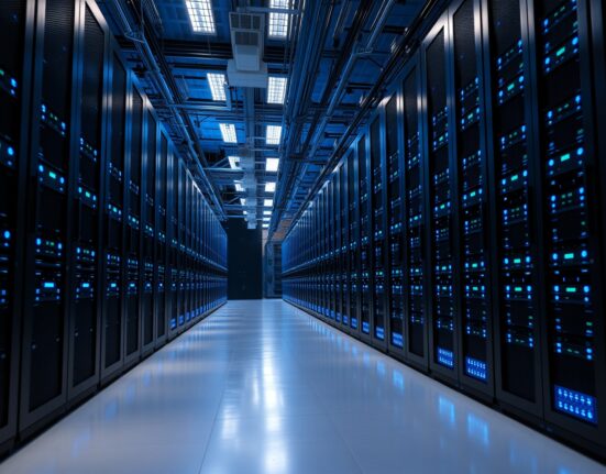 Interior of a modern data center with rows of servers and cool blue lighting.