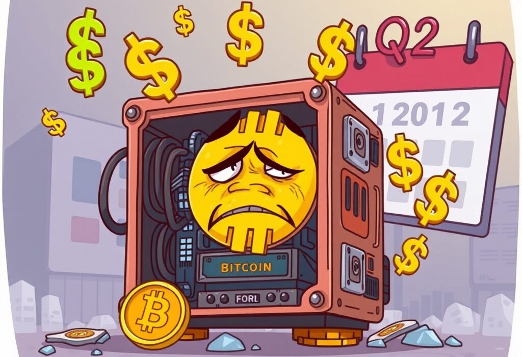 A deflated Bitcoin mining rig representing Core Scientific mining revenue challenges and the broader crypto mining industry's Q2 financial results.