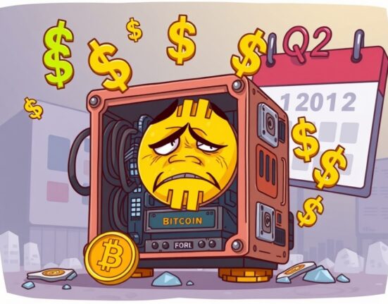 A deflated Bitcoin mining rig representing Core Scientific mining revenue challenges and the broader crypto mining industry's Q2 financial results.
