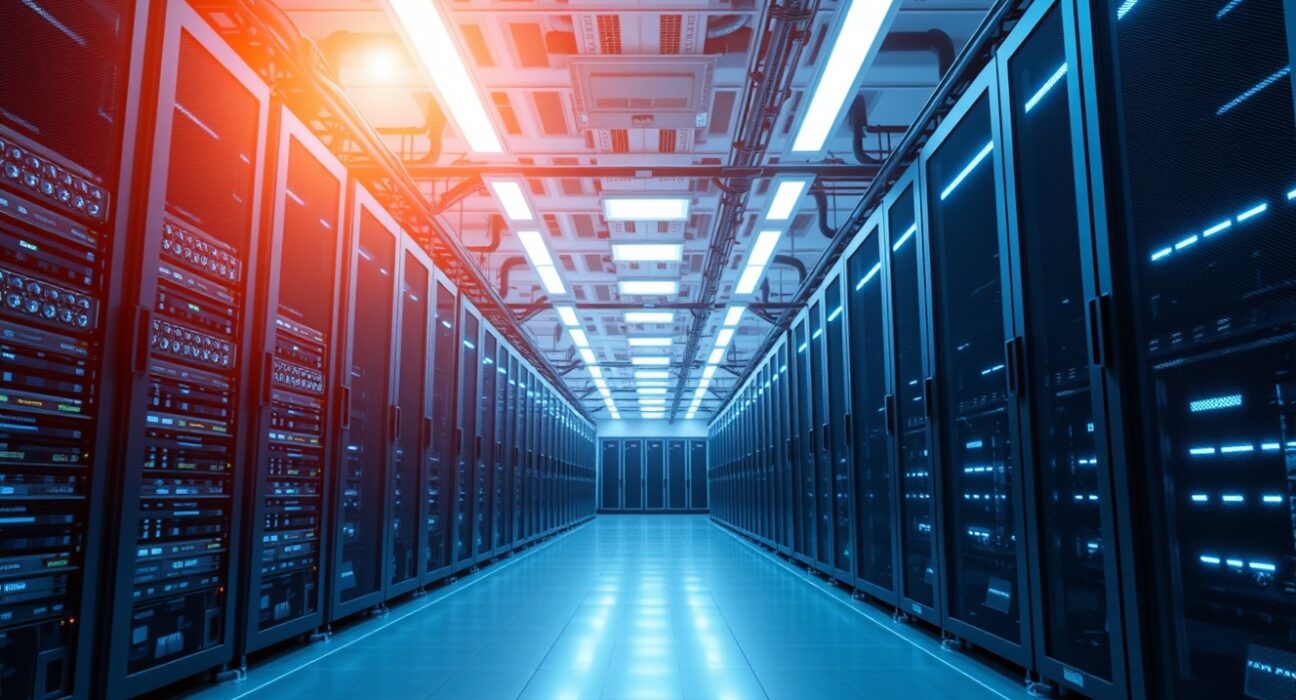 Interior of a modern data center with servers and cooling systems representing AI infrastructure transition