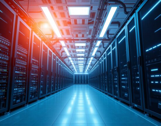 Interior of a modern data center with servers and cooling systems representing AI infrastructure transition
