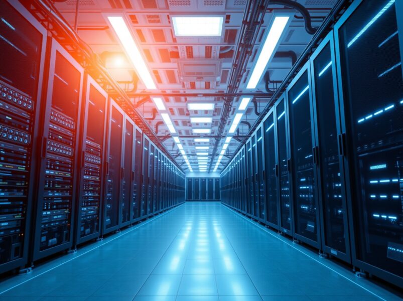 Interior of a modern data center with servers and cooling systems representing AI infrastructure transition