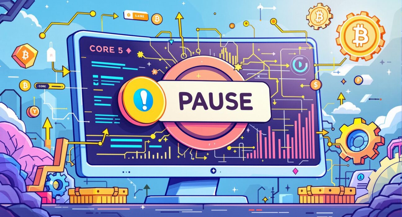 A cartoon illustration showing the CORE token suspension on Bithumb, signifying a temporary halt for a network upgrade to ensure system compatibility and user safety.